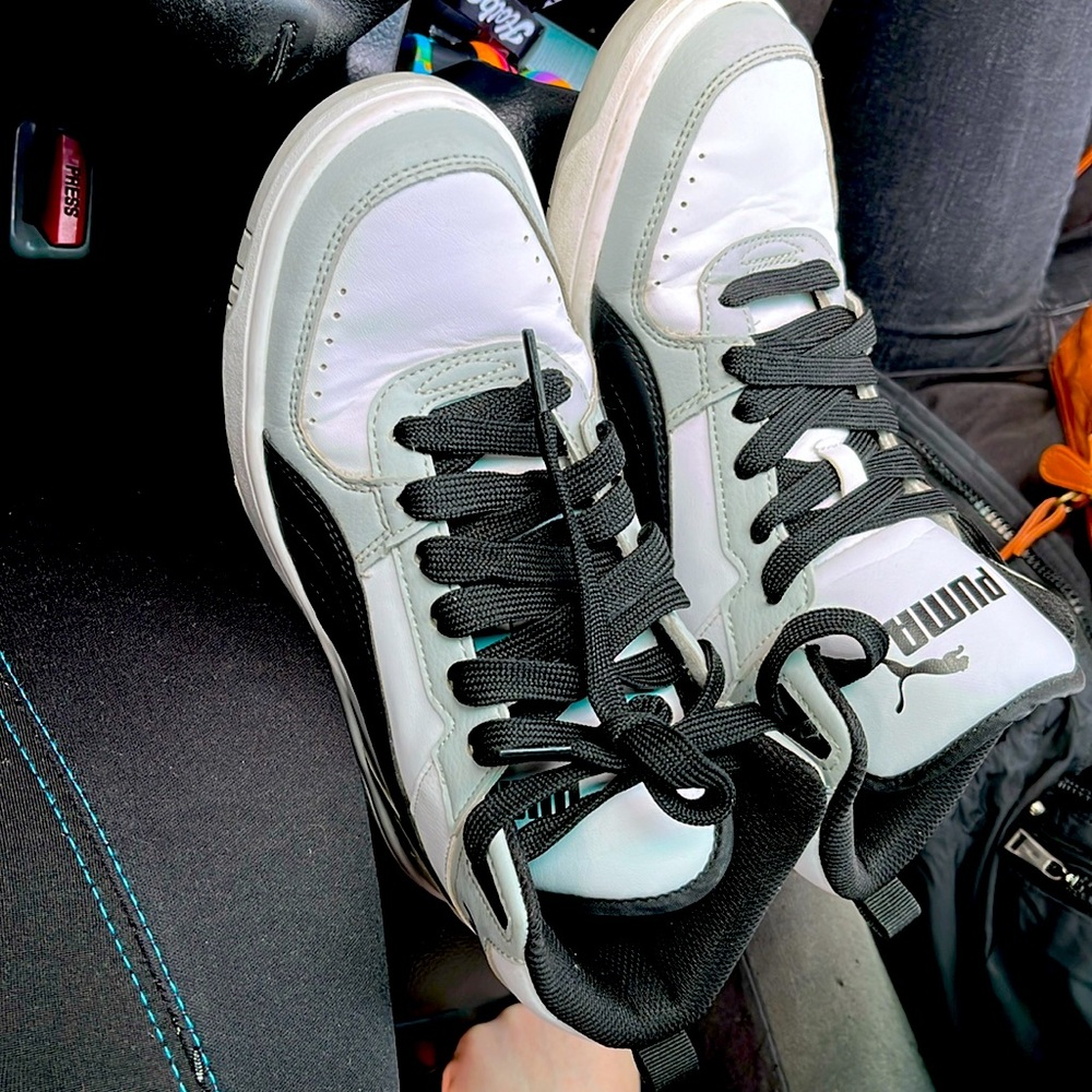 Black and white size 6 puma rebound joy high tops